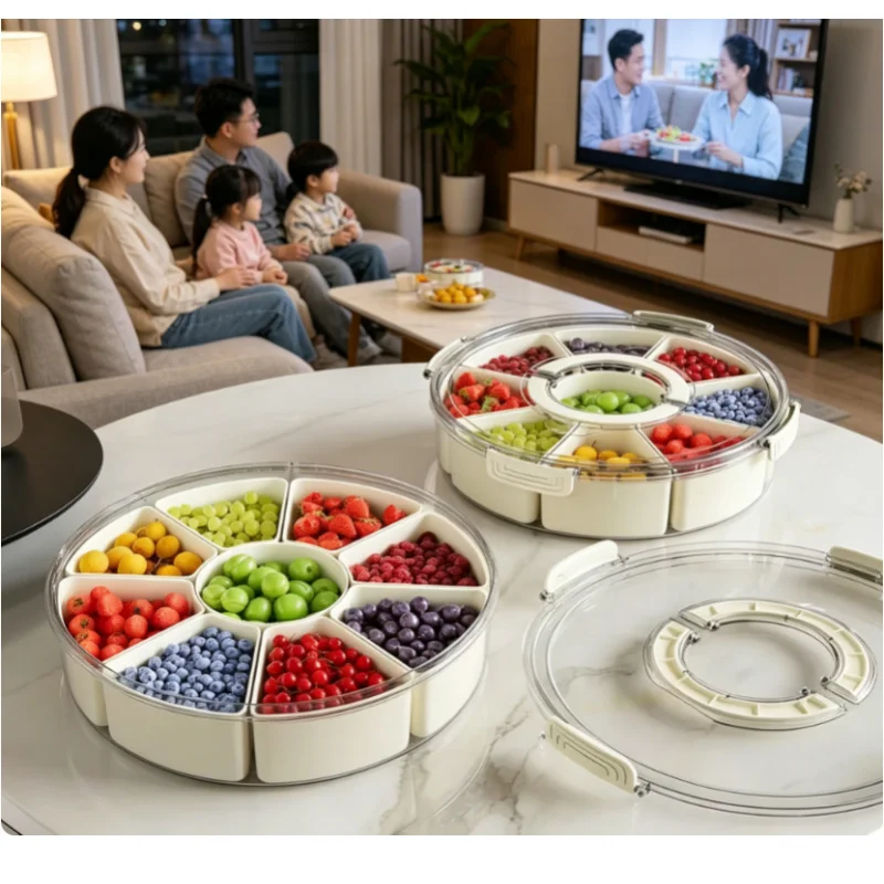 Bandeja giratoria transparente para aperitivos, Lazy Susan, bandeja de servir dividida con tapa y asa, caja portátil para aperitivos para el hogar, fiestas y cocina