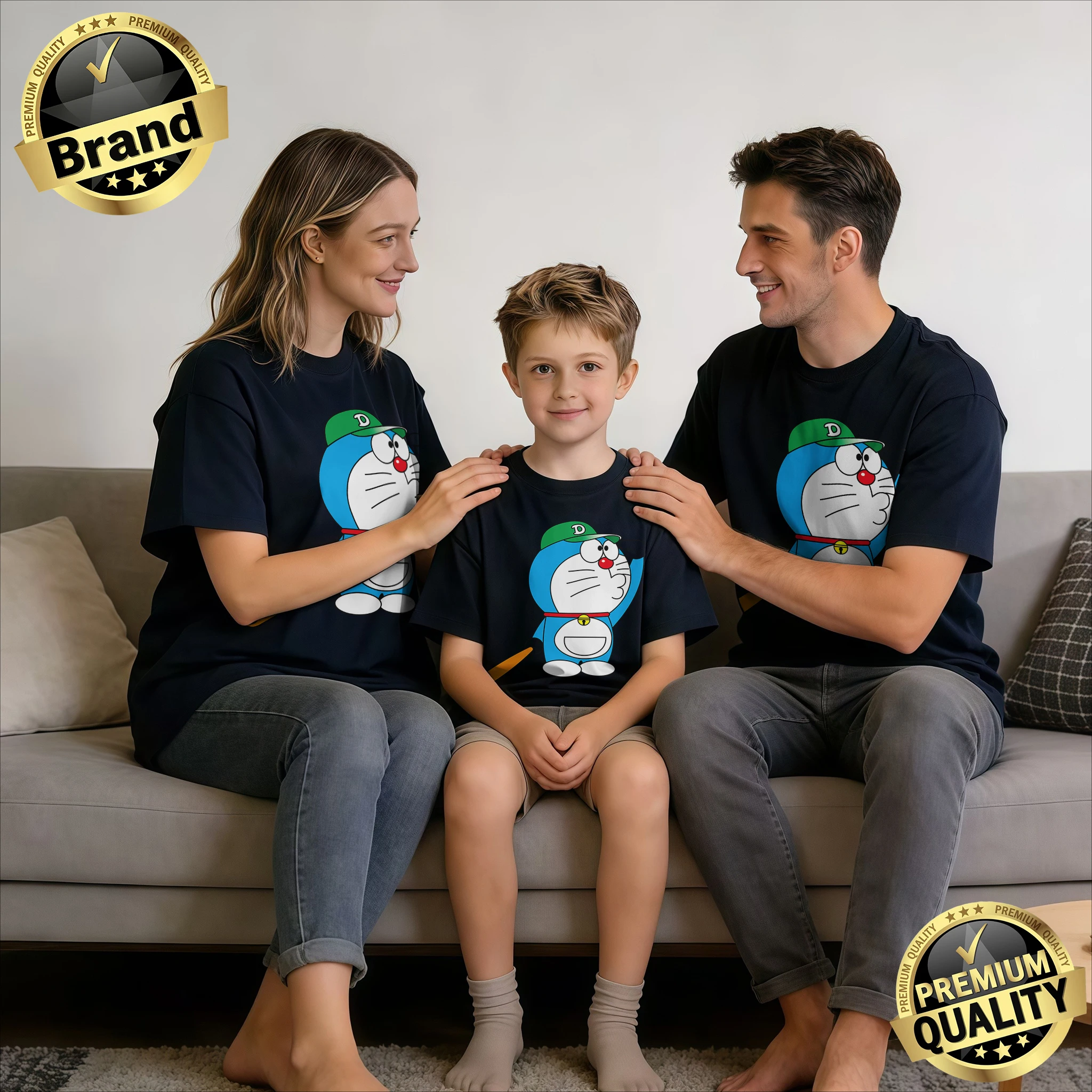 Nuevos conjuntos familiares a juego de verano 2026, camisetas casuales sueltas de algodón puro con gorra verde de Doraemon, opciones de una sola pieza y paquete de 3 Y2K