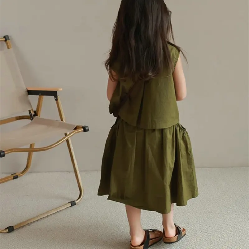 2 Piece Set Girls' Stand Up Collar Style Top and Skirt 2026 New Summer Outfits Fashion Green Kids Suit