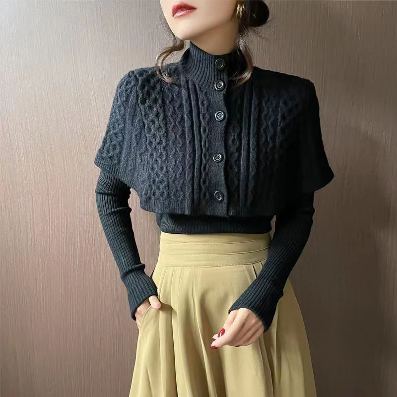 Lucyever Vintage Turtleneck Women Sweaters Fashion Shawl Two Piece Knitted Sweater Woman 2023 Autumn Winter Chic Button Jumper