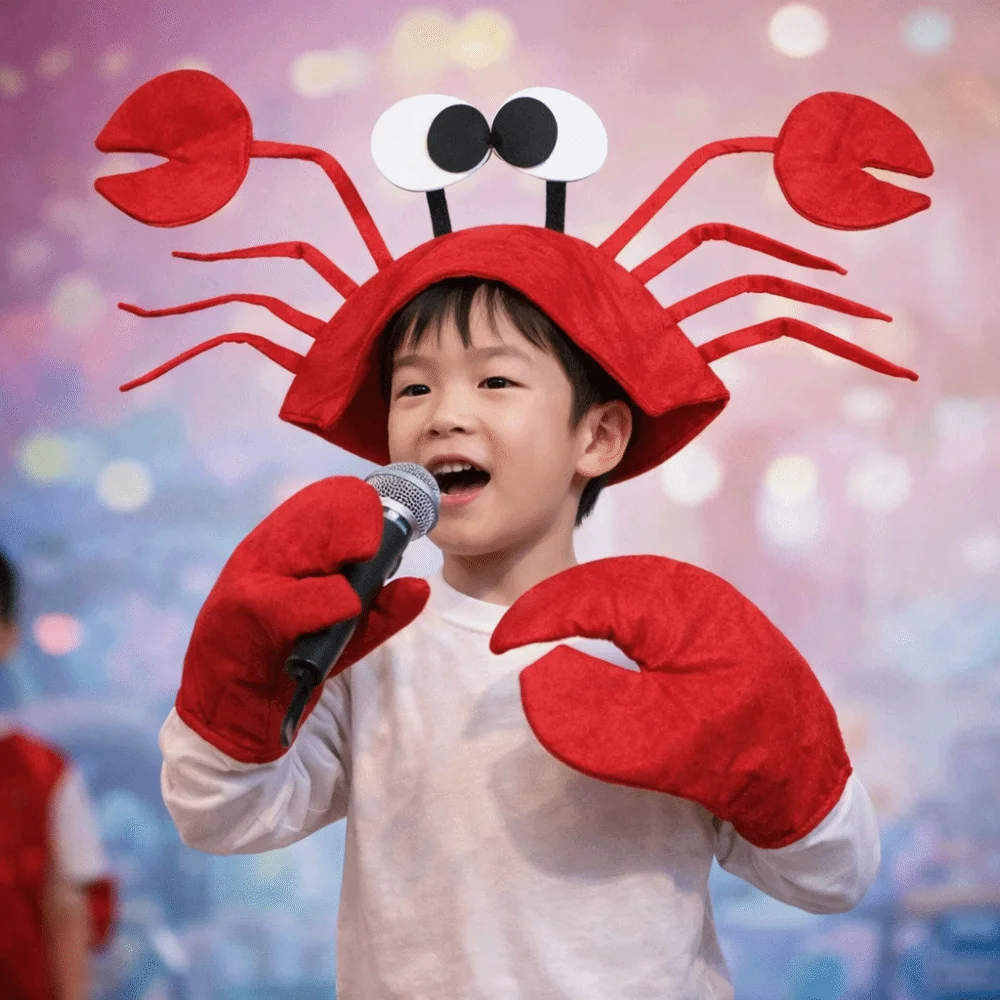Funny Cartoon Crab Hat Cute Animal Character Red Lobster Hat with Gloves Frog Costume Party Props