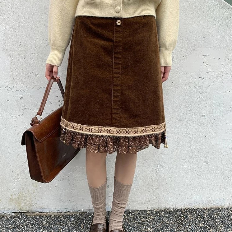

Wave Dot Ruffle Edge Woven Half Skirt for Women's Autumn and Winter New Style Retro Corduroy Mid Skirt