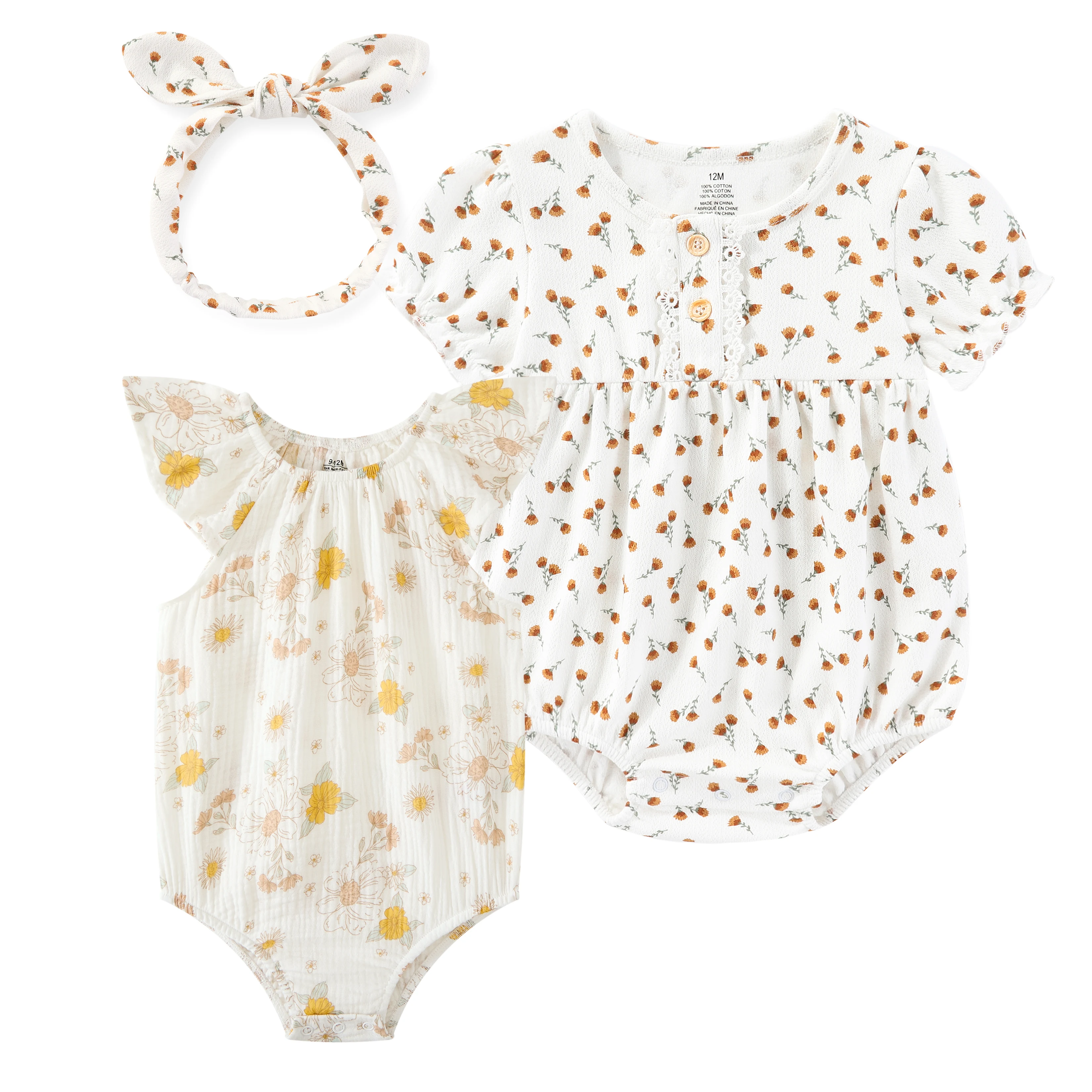 3-Pack Fashion Cute Baby Girl Clothing Set Soft Newborn Short Sleeve Bodysuits+headband 0-24 Months Infant Outdoor Party Clothes