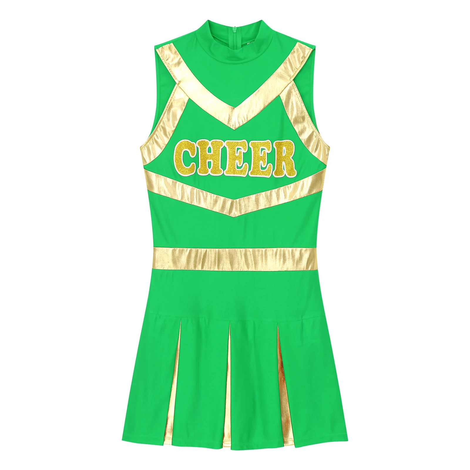 Womens Shiny Cheerleading Dress Sleeveless Pleated Print Dress Youthful Schoolgirl Cheerleader Uniform Squad Halloween Costumes