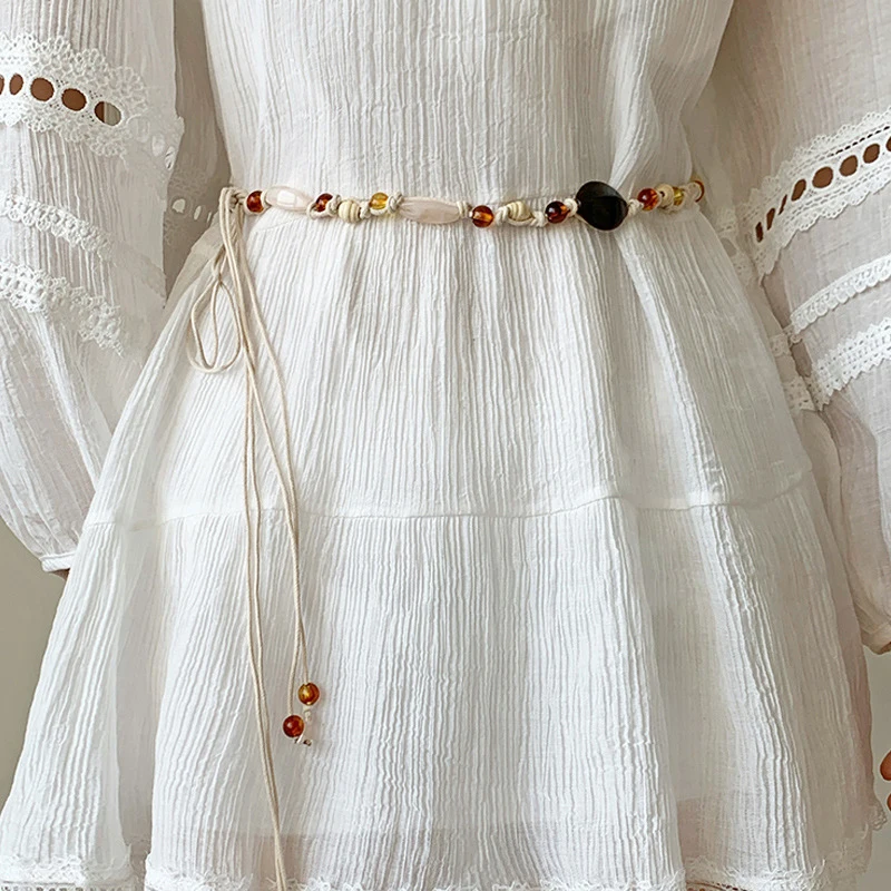 حزام منسوج يدويًا على الطراز العرقي العتيق للنساء، سلسلة خصر مزخرفة، حزام بوهيمي Y2K متعدد الاستخدامات