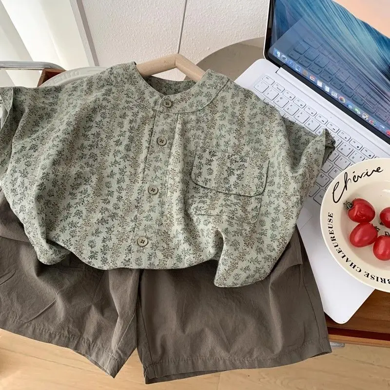 Kids Floral Stand Collar Shirt & Shorts 2Pcs, Summer Casual Breathable Linen Cotton Children Outfit for Boys