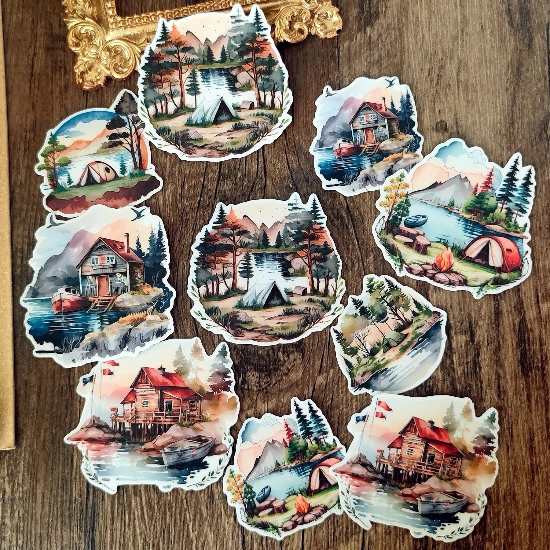 1 Set Watercolor Lake Small Wooden House Camping Stickers Scrapbooking Decorative DIY Stationery Decals Journals Notebooks