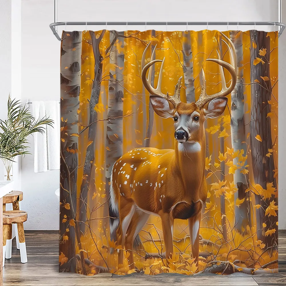 Autumn Forest Shower Curtain Deer Highland Cow Tiger Wild Animal Nature Fall Landscape Bathtub Decoration Polyester Bath Curtain