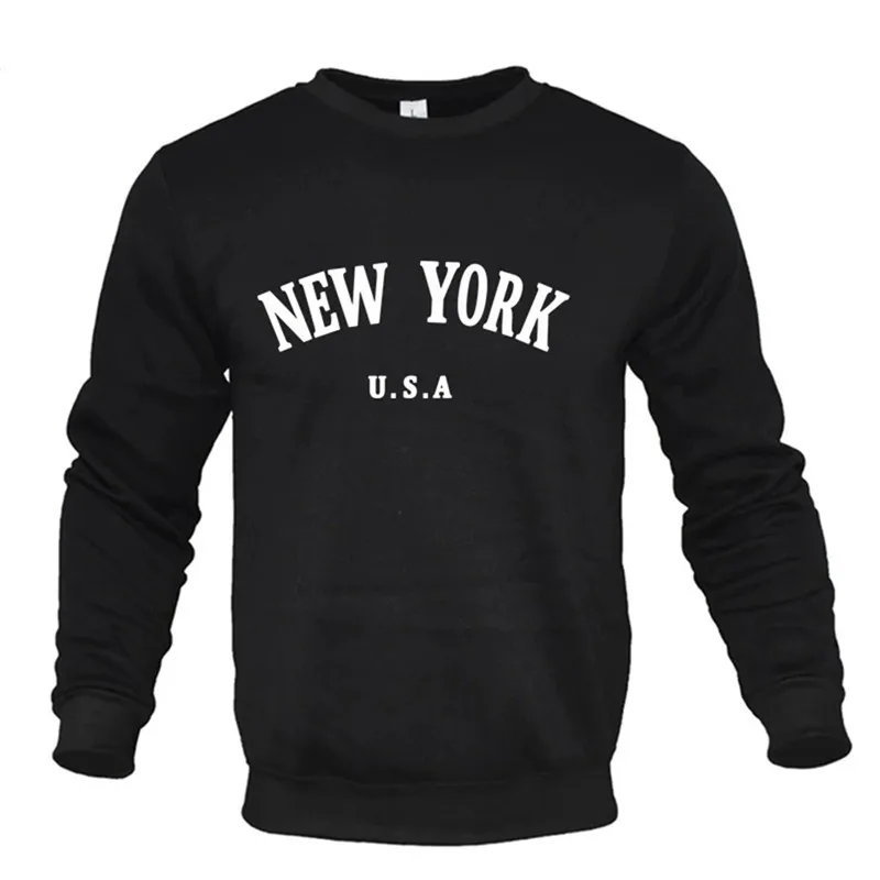 NEW YORK Letter U.S.A City Print O Collar Men Fashion Casual Long Sleeves Hooded Loose Oversize Pullover Hoodie Street Sweatshir