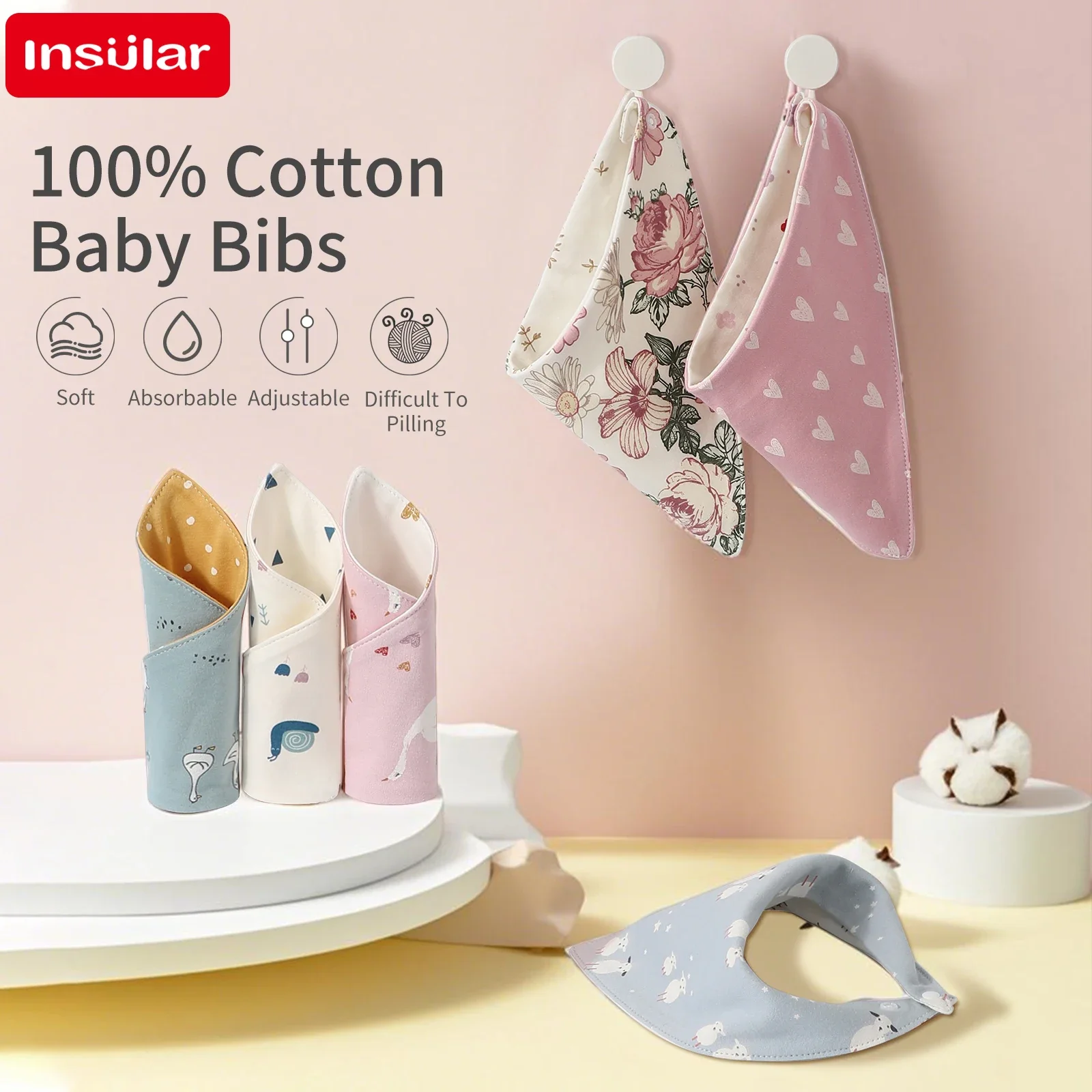 INSULAR Kids Soft Handkerchief 100% Cotton Infant Bibs Triangular Type Baby Saliva Towel Skin-friendly Double-sided Printed