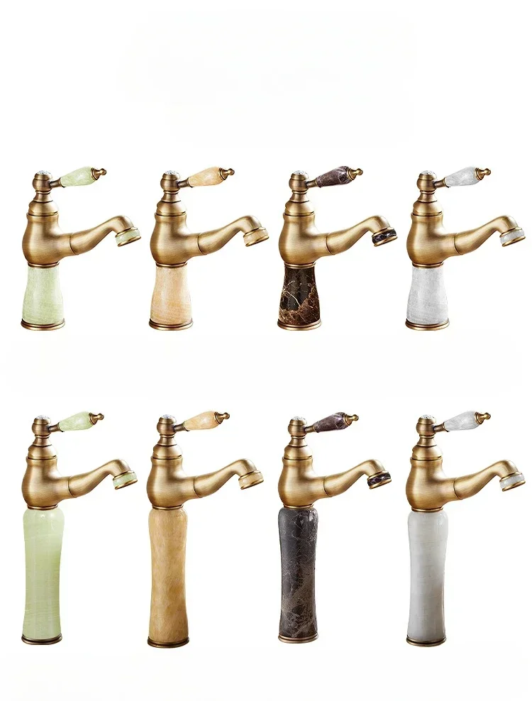 Luxury Natural Jade Pull Out Faucet Full Brass Bathroom Sink Faucet Hot & Cold Water Full Brass Pull Out Basin Faucet