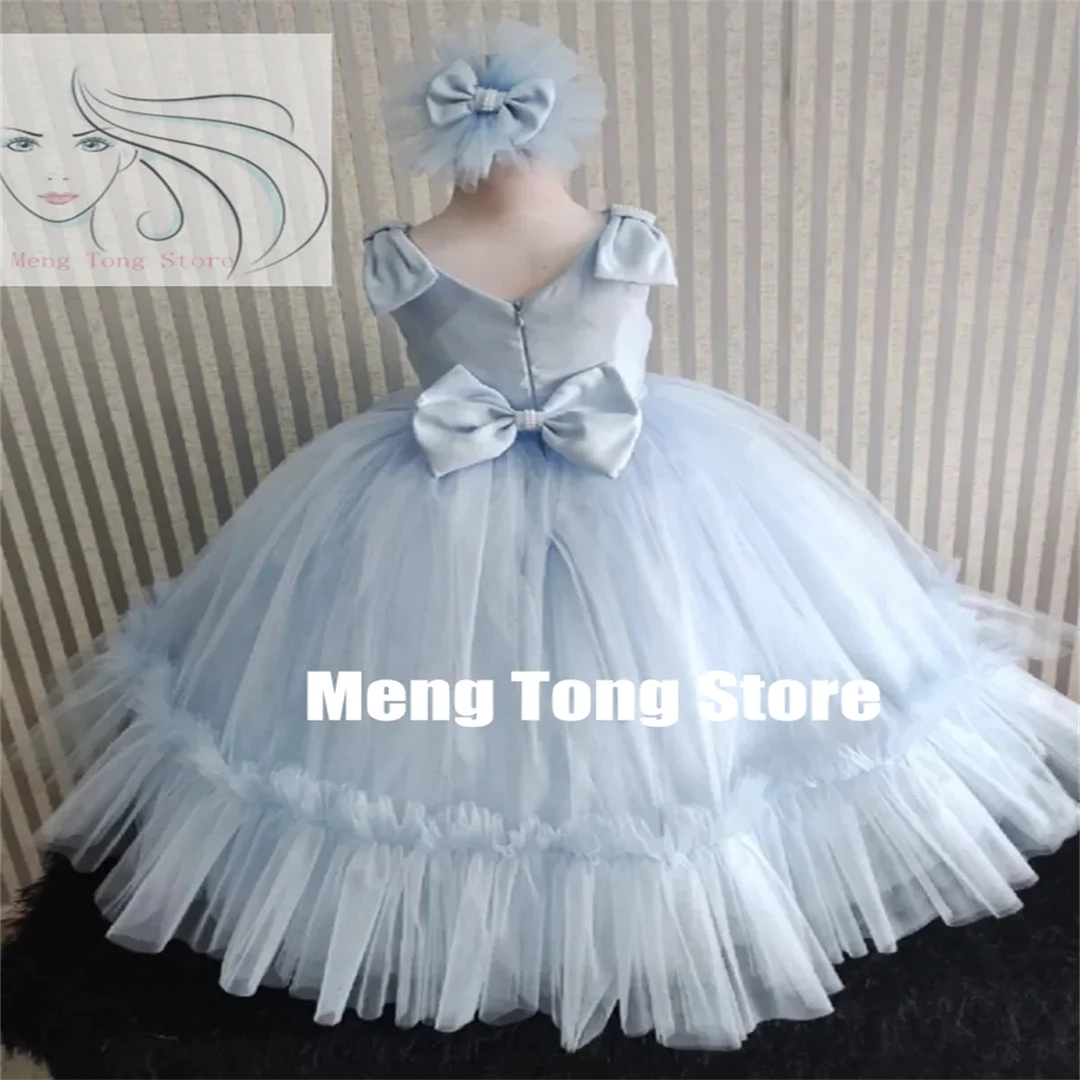 

Customized Flower Girl Dresses Tulle Puffy Pearls Belt With Bow Sleeveless For Wedding Birthday Party Banquet Princess Gowns