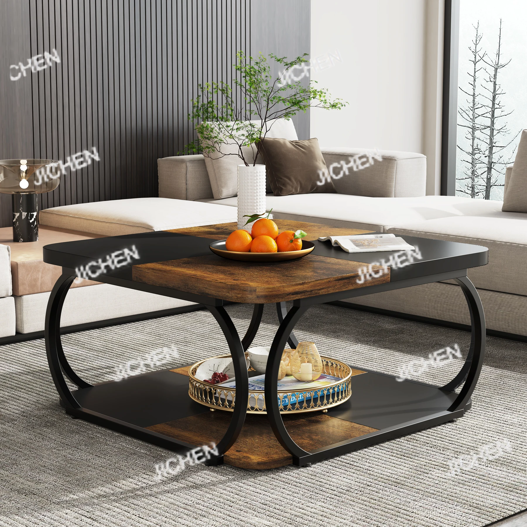 Mesa de centro cuadrada JC con 2 niveles, mesa de centro baja de granja de 40 pulgadas con estante de almacenamiento de madera, curva de Metal resistente