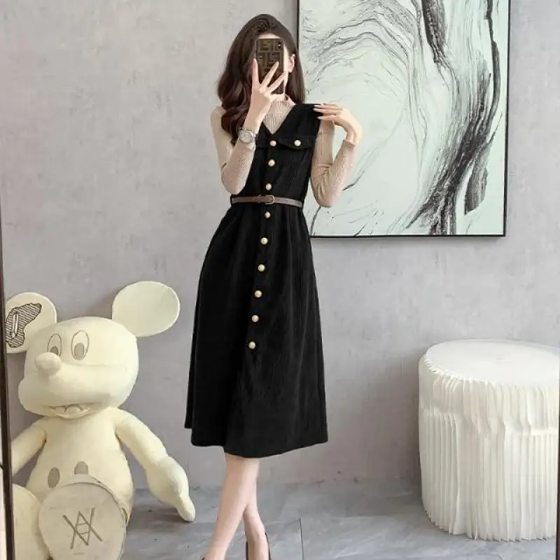 Hepburn Wind Lamp Core Fleece Two Piece Dress For Women\'s Autumn Winter 2024 New Retro Style Bottom Top Solid Color Dress Suit