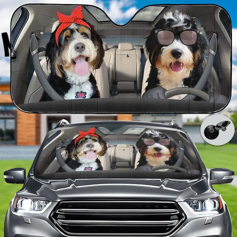 Animal Dog Car Sun Shade, Windshield Sunshade Decoration, Auto Sun Shade, Bernedoodle Gift, Mom Gift, Couple Dogs Car Sunshade