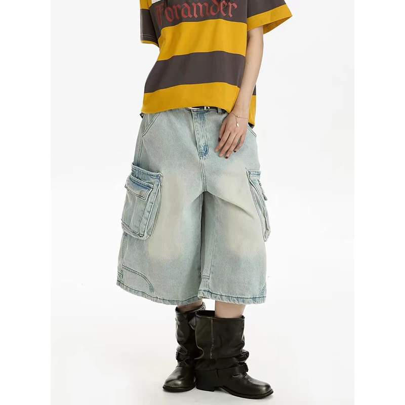 YIBASHU Women Cargo Jeans Vintage Harajuku Y2k Baggy Calf Length Jeans Pants Japanese 2000s Style Oversize Grunge Denim Shorts