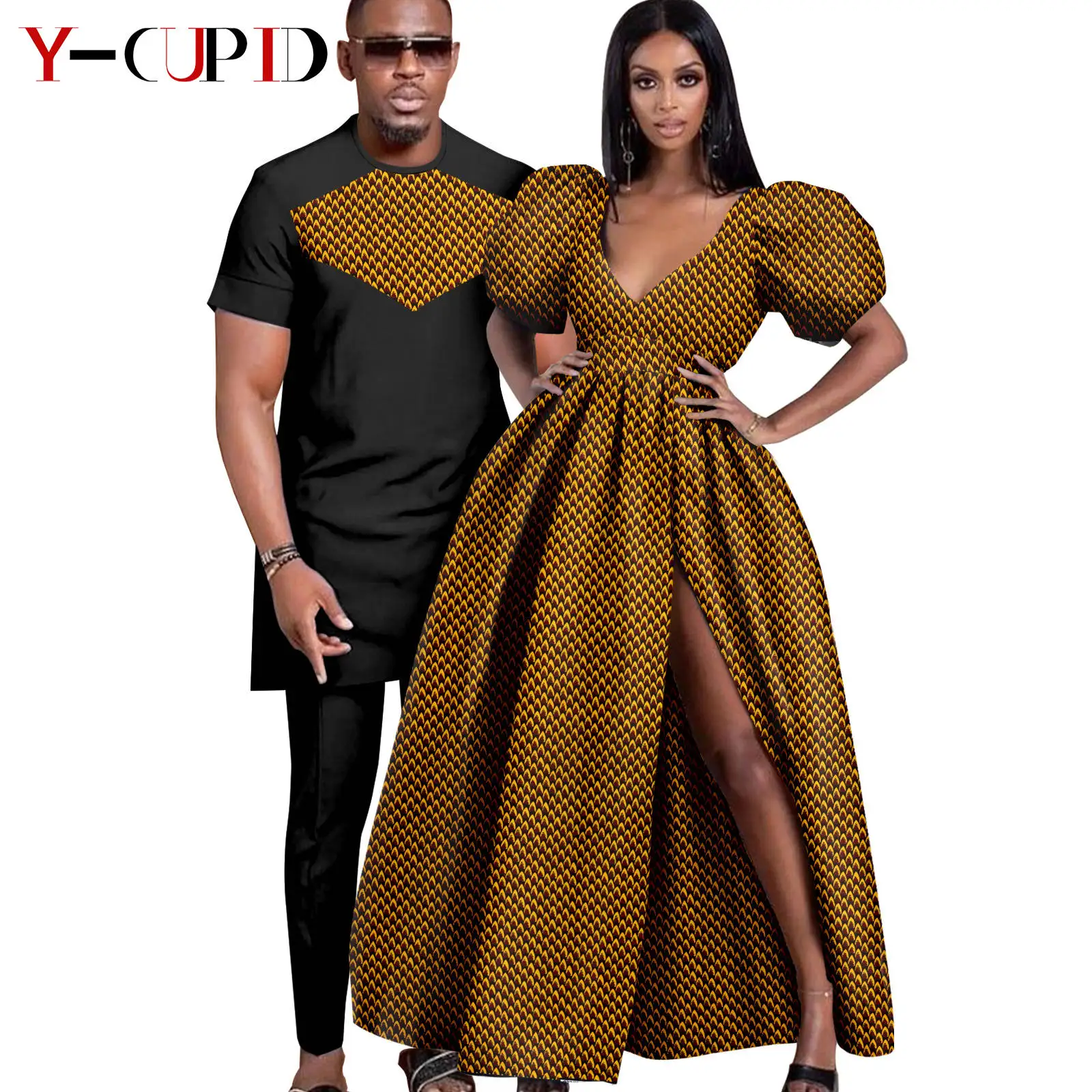 African Couple Matching Clothes Dashiki Sexy Women Print Long Dresses Bazin Riche Men Outfits 2 Pieces Sets Party Wear Y23C096