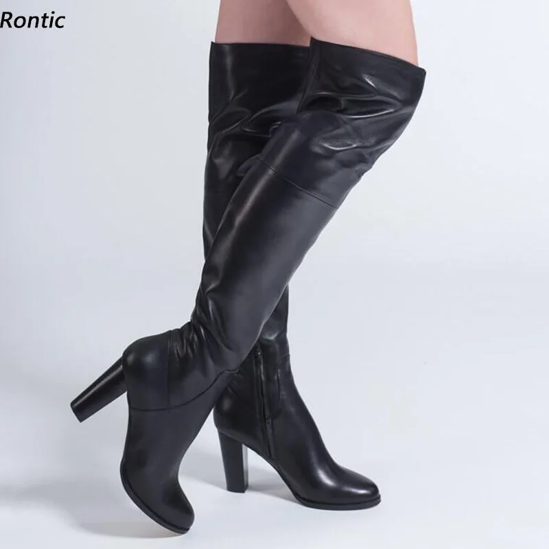 

Rontic/Новое поступление, женские зимние сапоги выше колена из искусственной кожи на массивном каблуке с круглым носком, элегантные черные вечерние туфли, размер США 5-20