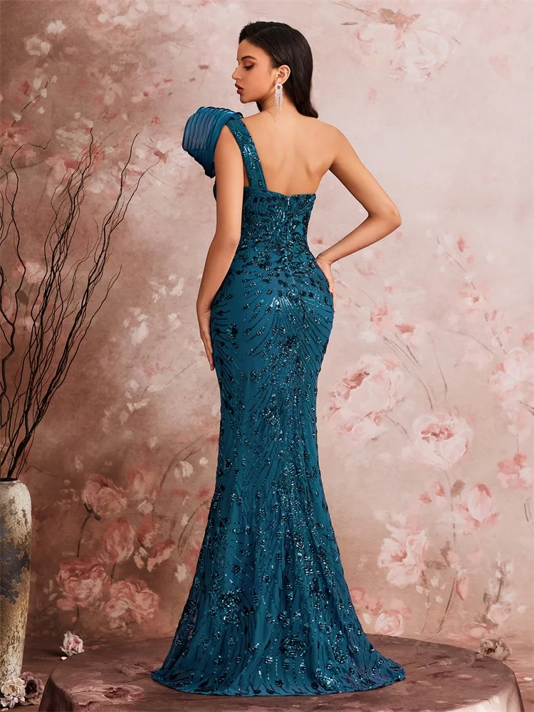 Lucyinlove Luxury Slanted shoulder Sequins Maxi Evening Dresses Waist-cinching mermaid Wedding Party Night Elegant Cocktail Gown