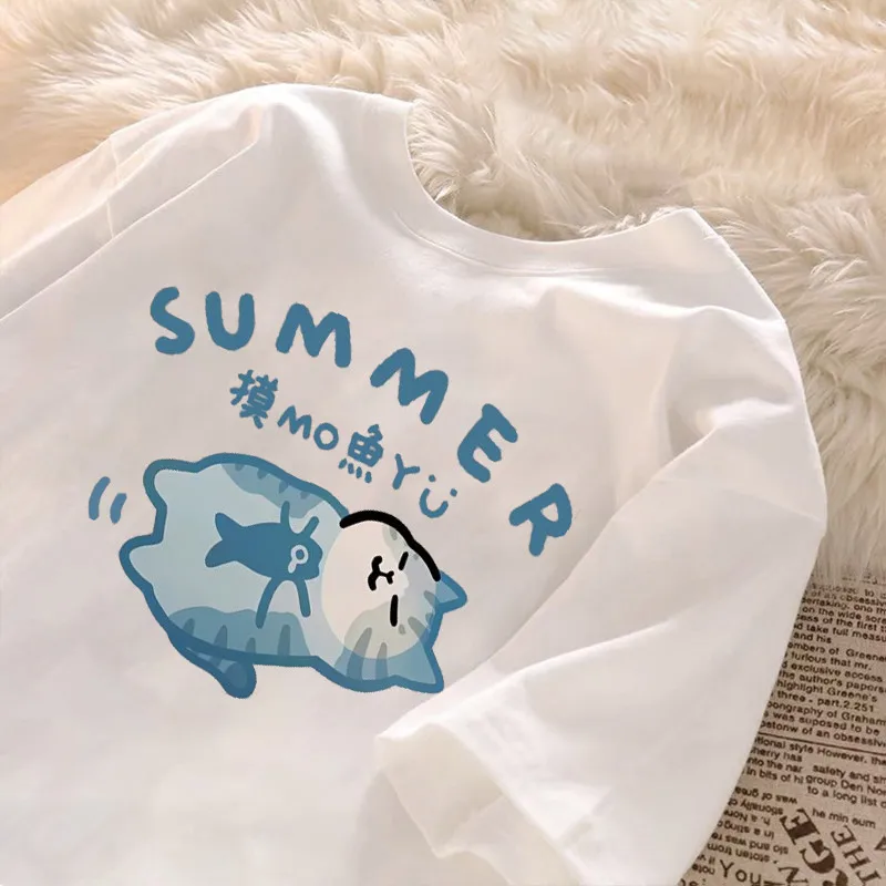 

Summer Japanese Cartoon Fashion Retro Trend Fun Cute Fish Sleeping Kitten Print Fashion Women Casual T-shirt Summer Clothing