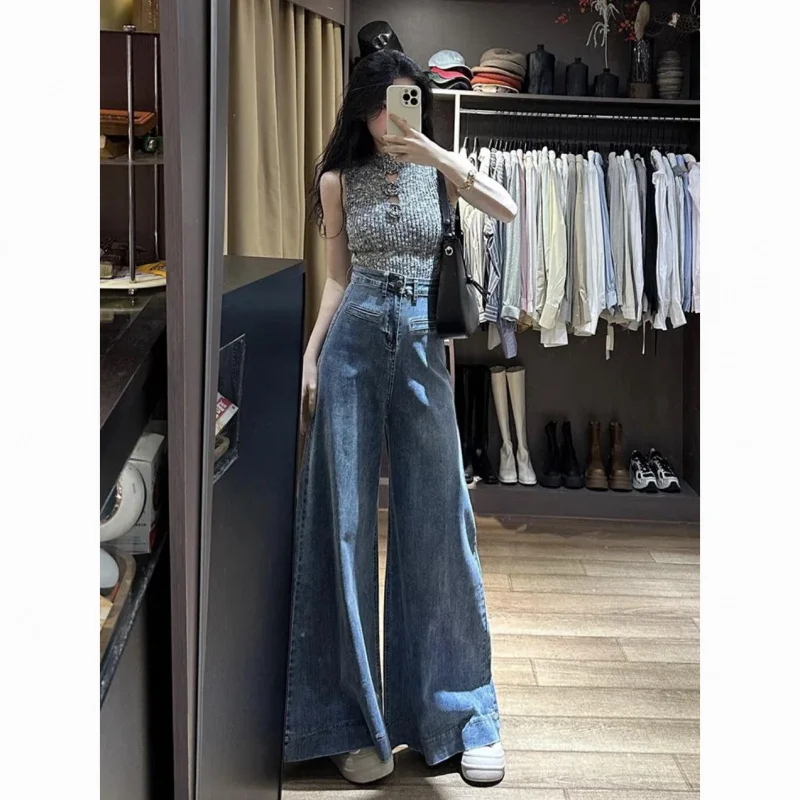 Vintage Blue High Waist Loose Fit Slimming Floor Length Jeans for Women Winter New American High Street Drapey Wide Leg Pants