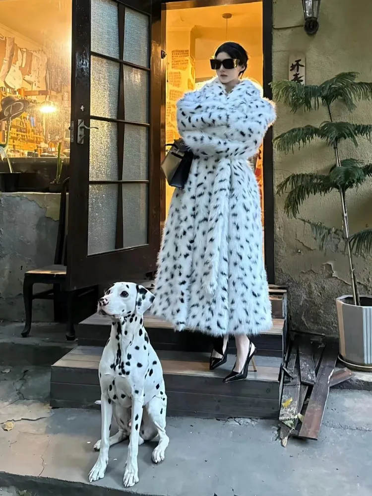 Leopard Print Environmental Protection Fur Coat Women Winter New Luxury Fashion Long Sleeve Warm White Lace-up Fox Fur Jackets