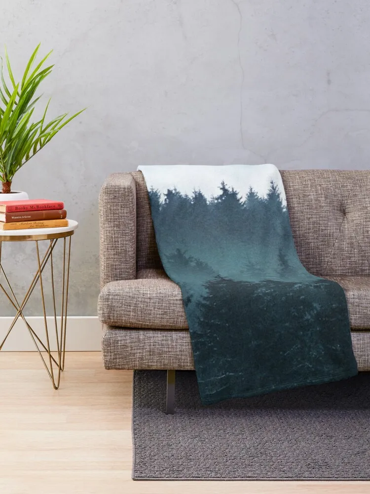 Euphoria // Winter Vibes Vintage Fairytale Snow Forest With Cascadia Trees Covered In Magic Blue Fog Season Throw Blanket