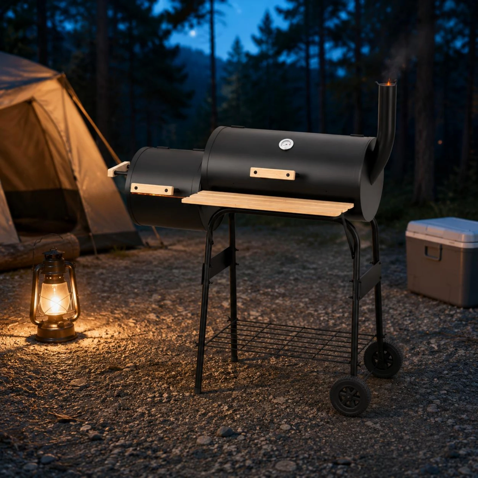

Two-chamberBarrel Barbecue Grill Train Design Wheeled Barbecue Grill Outdoor Cooking Black Metal Wheels