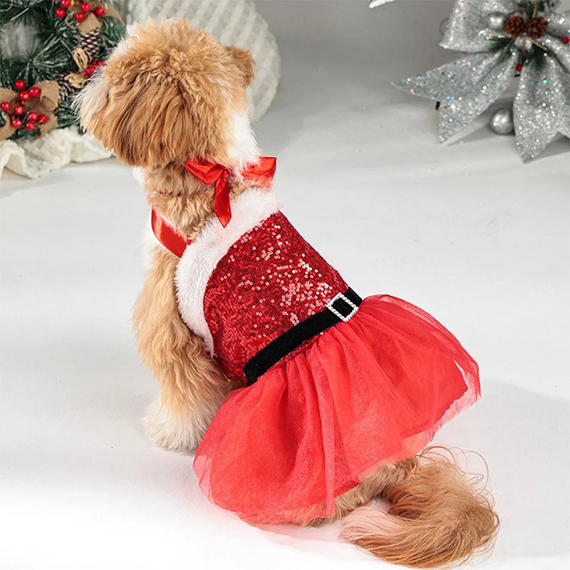 Dog Christmas Costumes Classic Cute Pet Cat Shiny Sequins Dress Cosplay Clothes Outfit for Party Decoration Supplies