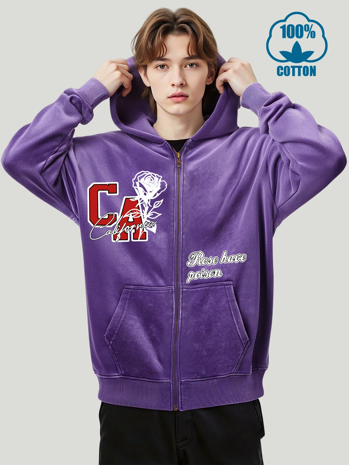 

The Rose Of California Print Washed Zipper Hoodies Mens Casual Cotton Jacket Fashion Loose Top Unisex Autumn Distressed Pullover