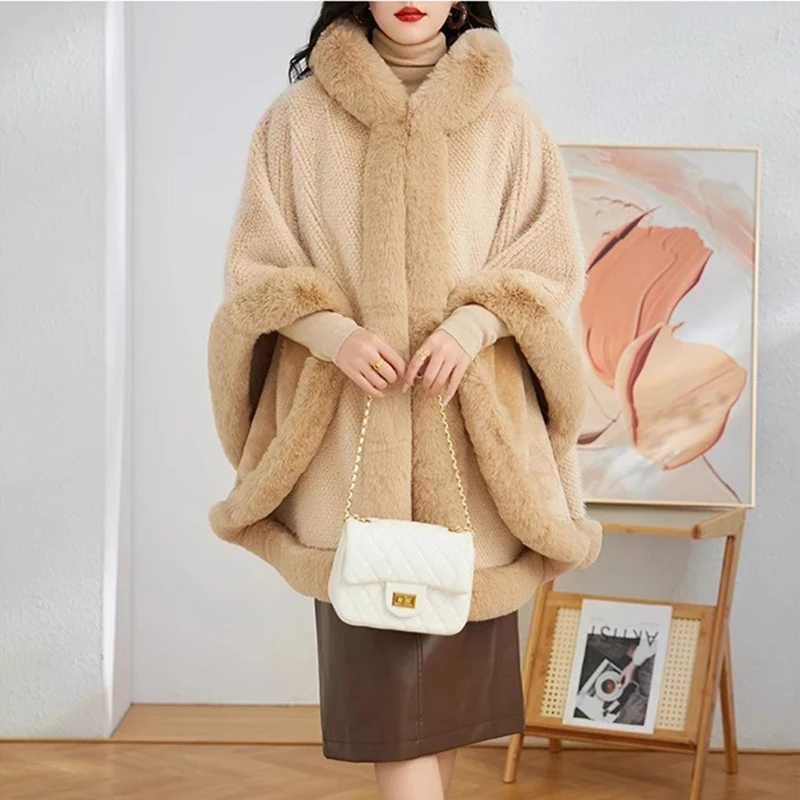 

Solid Color Fleece-Lined Thickened Hooded Fur Collar Cape Shawl Coat Women's Grain Velvet Fur Coat Long Warm Autumn Winter 2025
