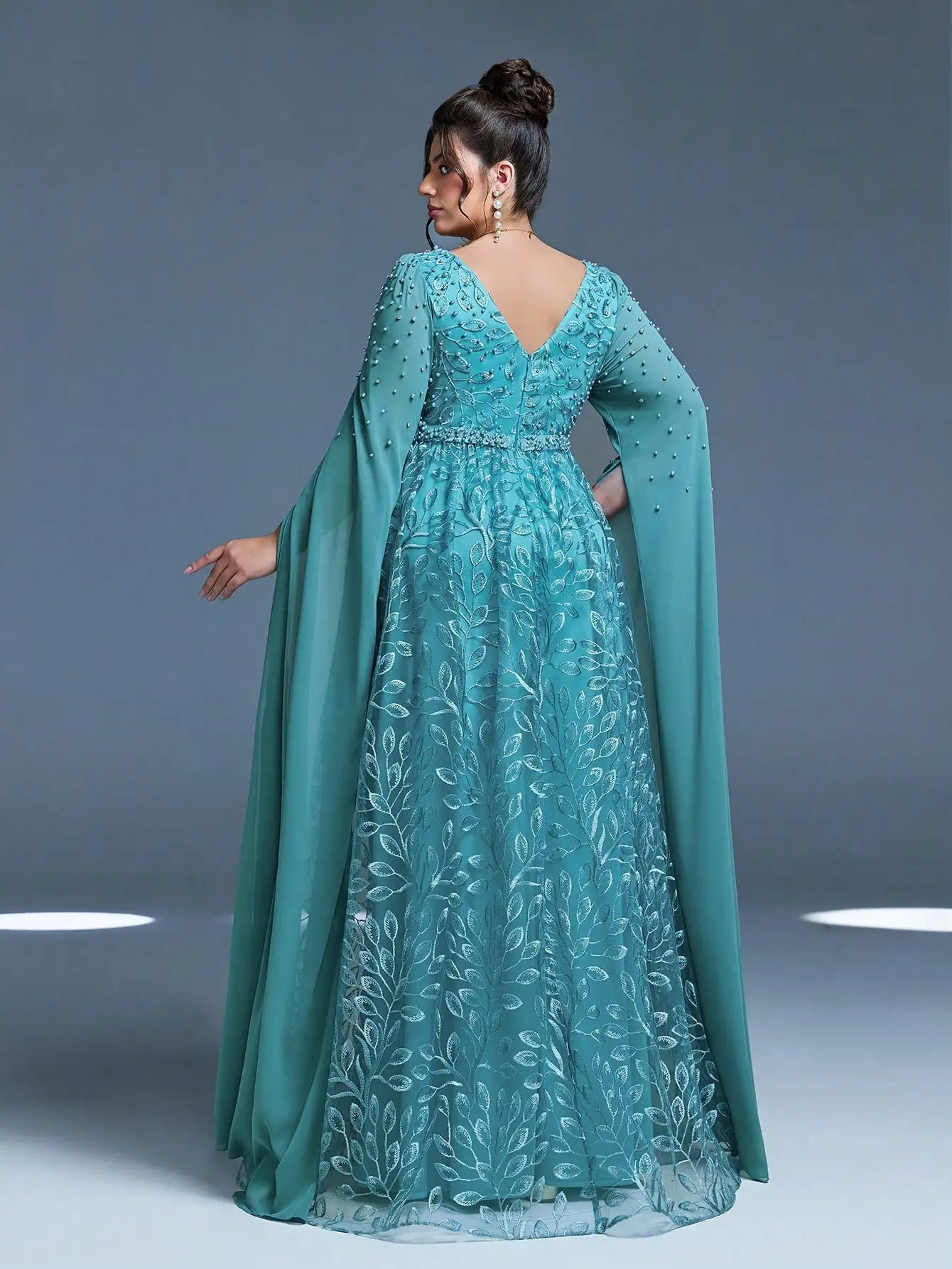Anpoket Plus Size Summer/Fall Elegance V neck Contrast lace Evening gown belt Pearls beaded Satin Long dress FOR Party Prom Birt