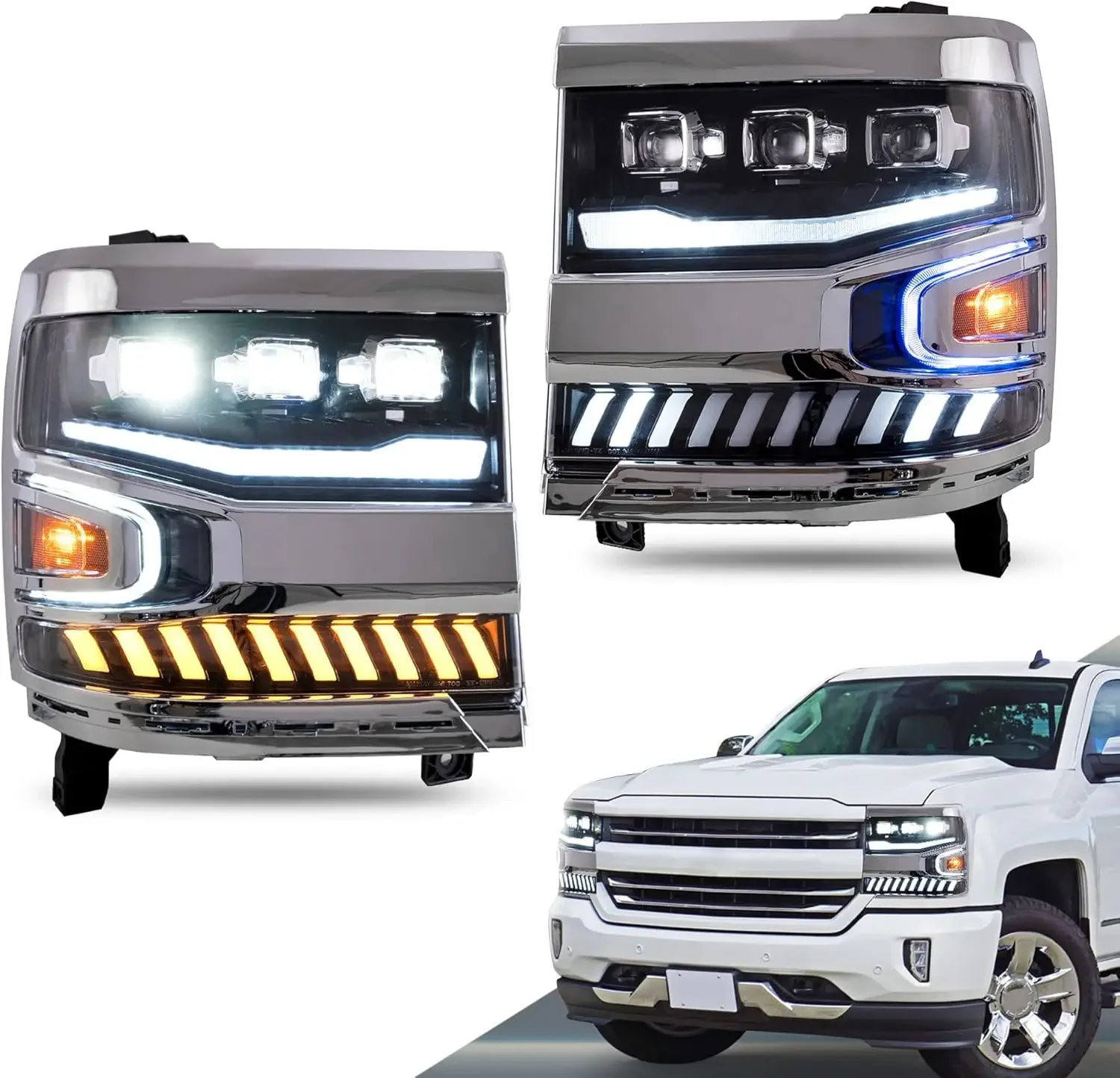 Projector LED Headlights Compatible with Chevy Silverado 1500 2016-2018 (Not Fit Factory LED Models) Front Lamp Assembly w