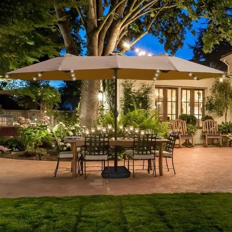 15X9ft Outdoor Garden Parasol Manual Lift Solar Light with Base
