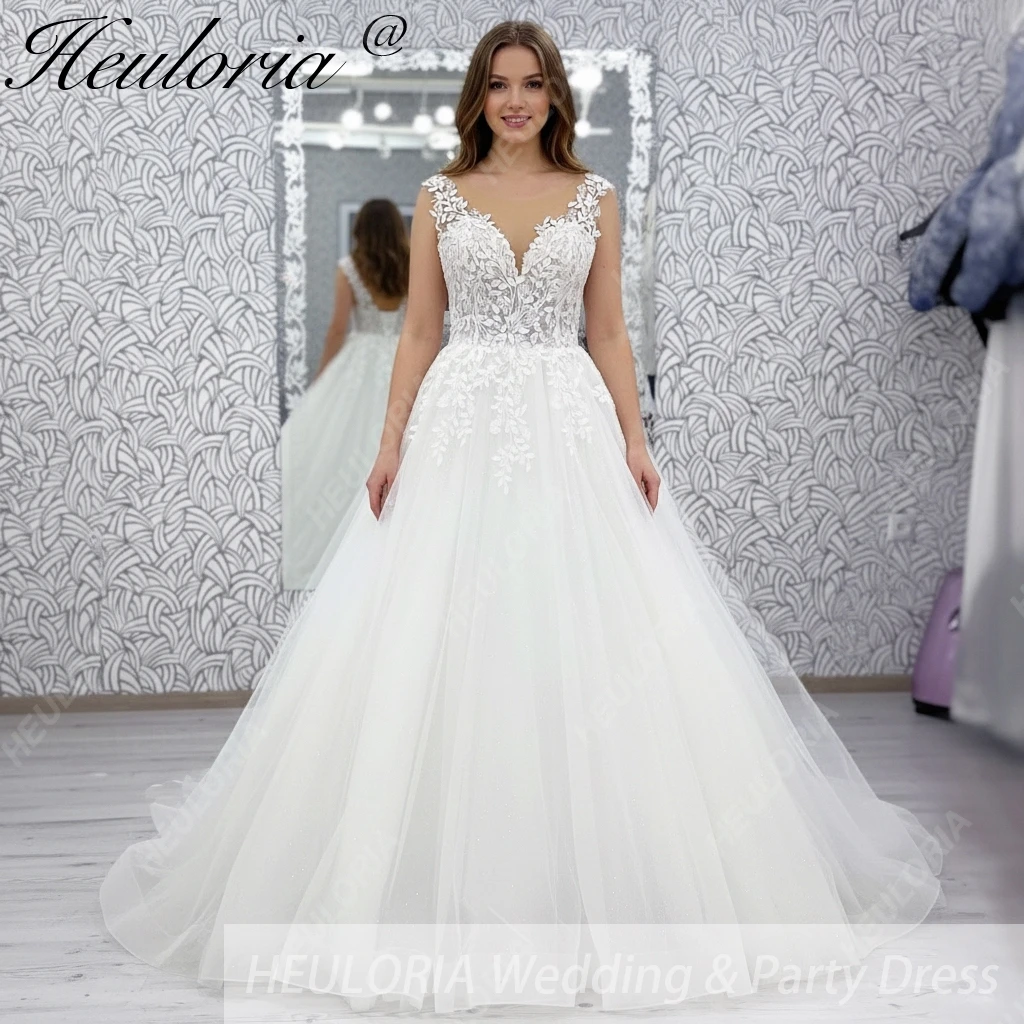 

HEULORIA блестящее тюлевое свадебное платье с v-образным вырезом, женское платье, гражданское кружевное платье с аппликацией, трапециевидное свадебное платье в стиле бохо, по индивидуальному заказу