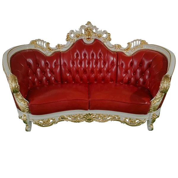 

*# French Luxury Wooden Living Room Indoor Sofa Furnitures Solid Wood Frame Carving Red Genuine Leather Sofa Set for Home