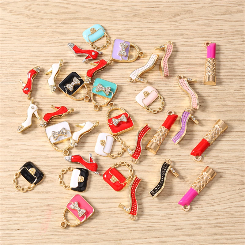 10pcs Mix Cute Enamel Make Up Bag Lipstick High Heels Charms Pendants for Jewelry Making Drop Earrings Necklaces DIY Crafts Gift