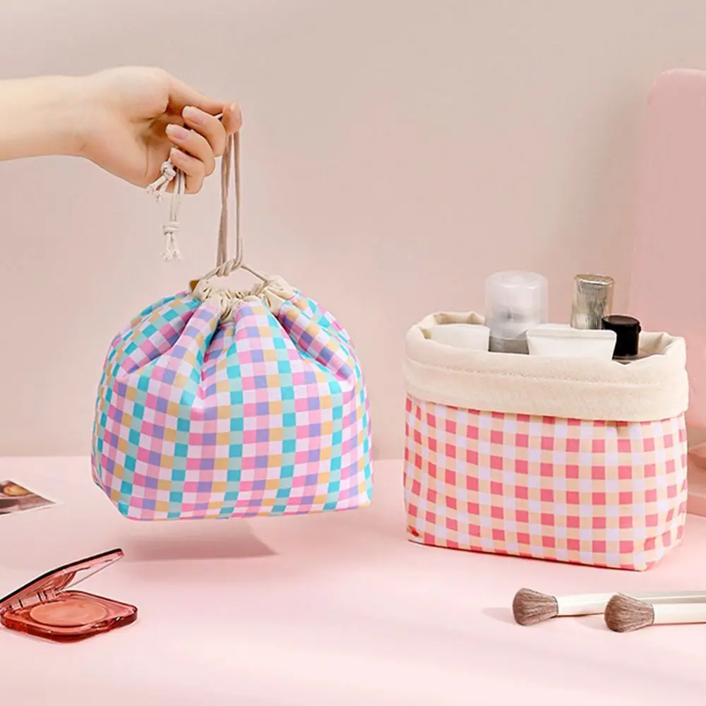 Plaid Pattern Drawstring Cosmetic Organizer Large Capacity Waterproof Plaid Drawstring Makeup Bag Lightweight Portable