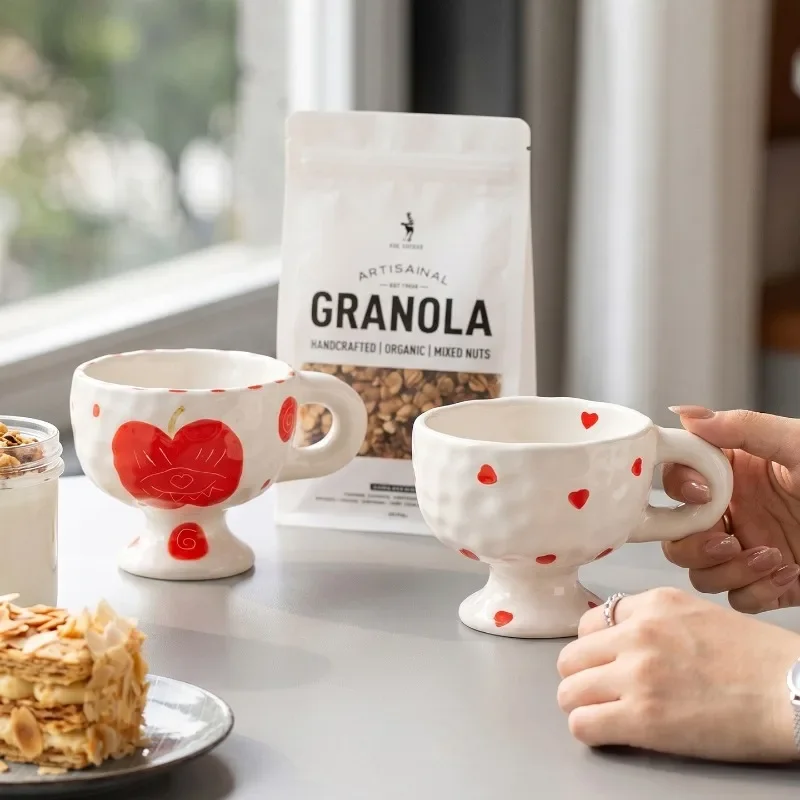 Ceramic Water Cup with Red Apple Heart Shape Irregular Breakfast Milk Mug Exquisite Afternoon Tea Flower Tea and Coffee Cup Gift
