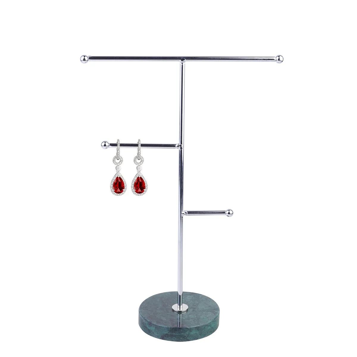 

Marble Base T-Shape Iron Rack Jewelry Display Stand Mini Ring Earring Holder Organizer for Home Bedroom Storage