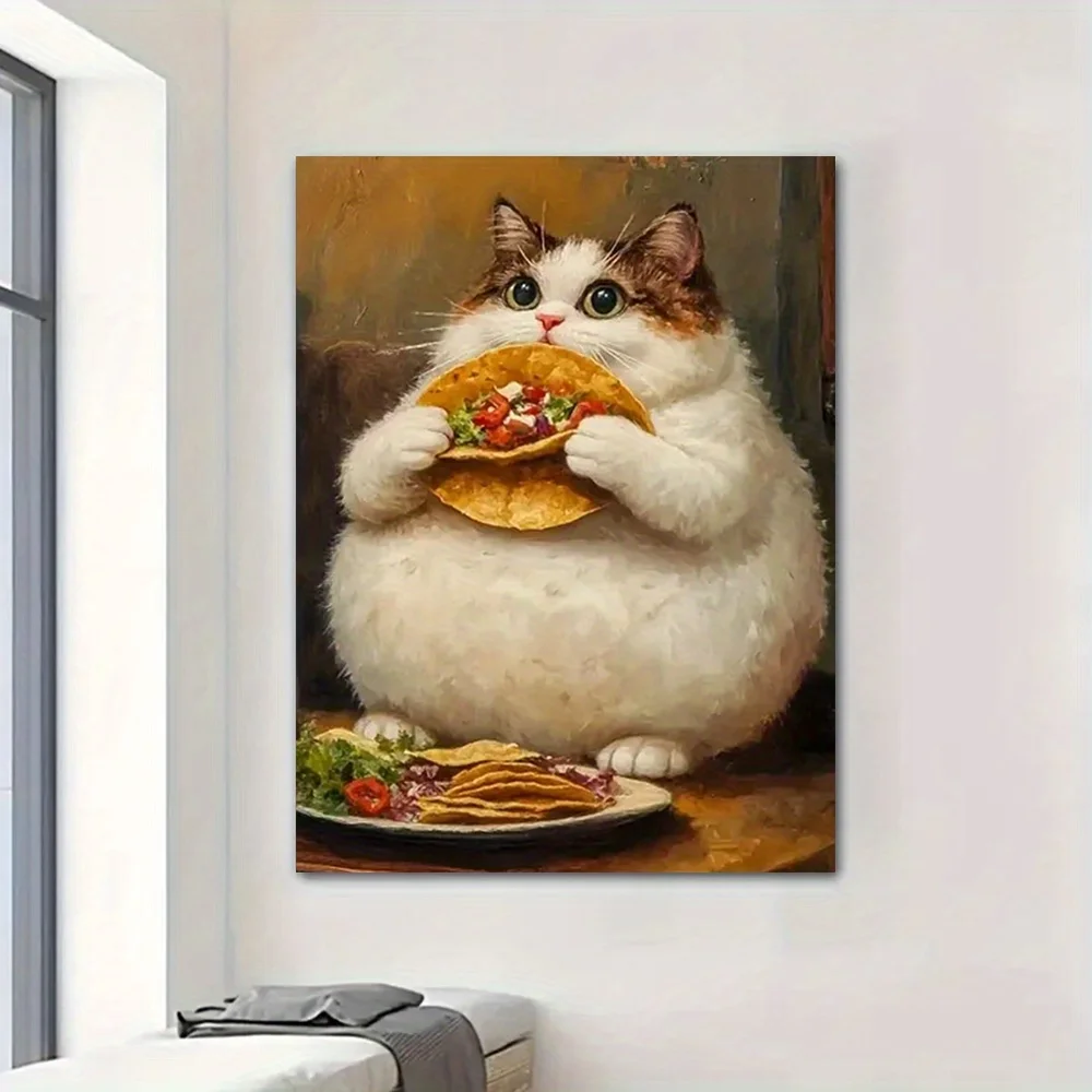 Frameless canvas paintings,White and Brown Fat Cat Eating Tacos Poster Prints Cartoon Animal Art Canvas Painting Wall Art Pictur