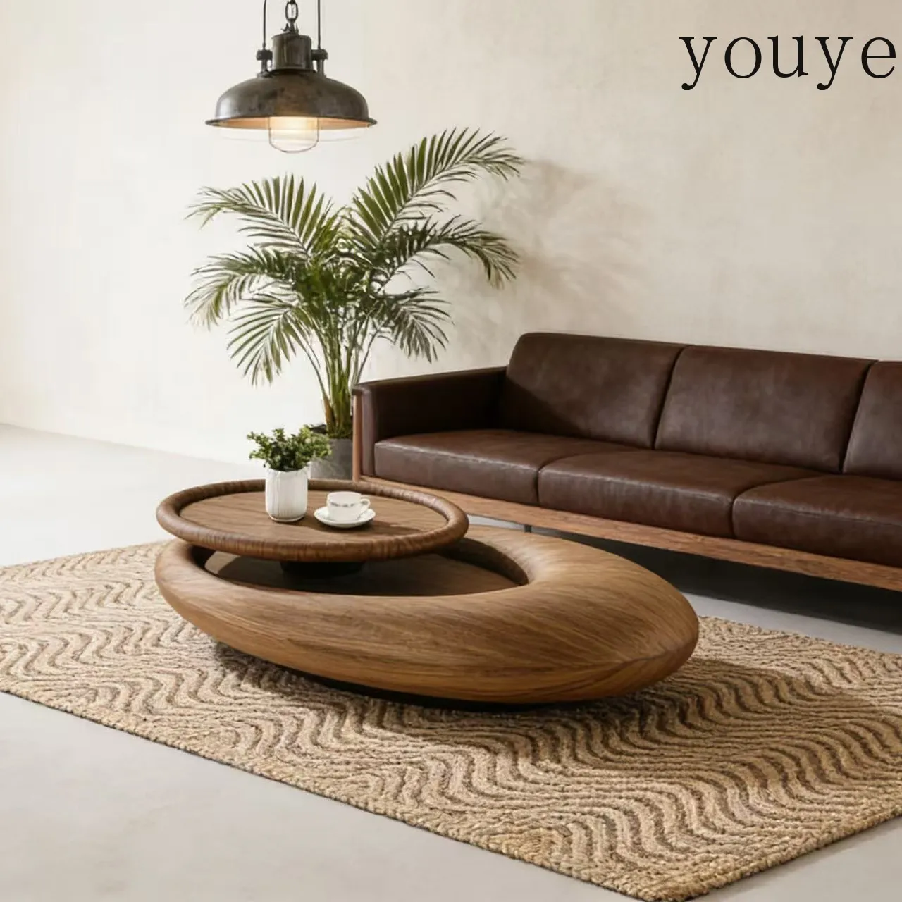 

Modern simple wabi sabi log wind solid wood oval storage double-layer coffee table designer living room home coffee table