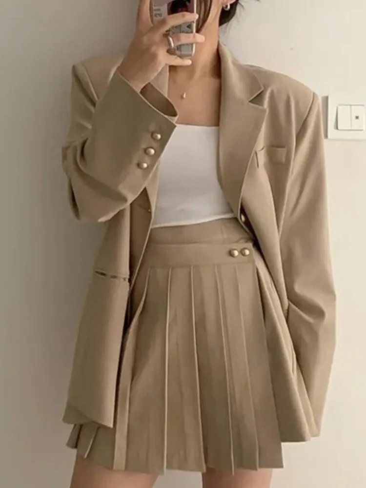 Elegant and Chic Women Casual Blazer Skirts Suit Vintage Loose Jackets Coat Pleated Saya Outfits Female Party Clothes Two Pieces