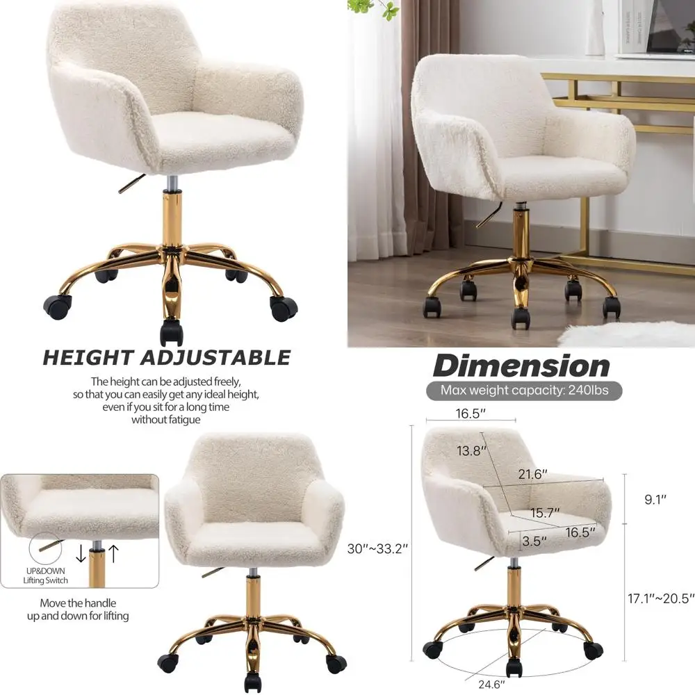 

White Upholstered Swivel Armchair with Faux Fur, Adjustable Height and Wheels for Office Desk Comfort