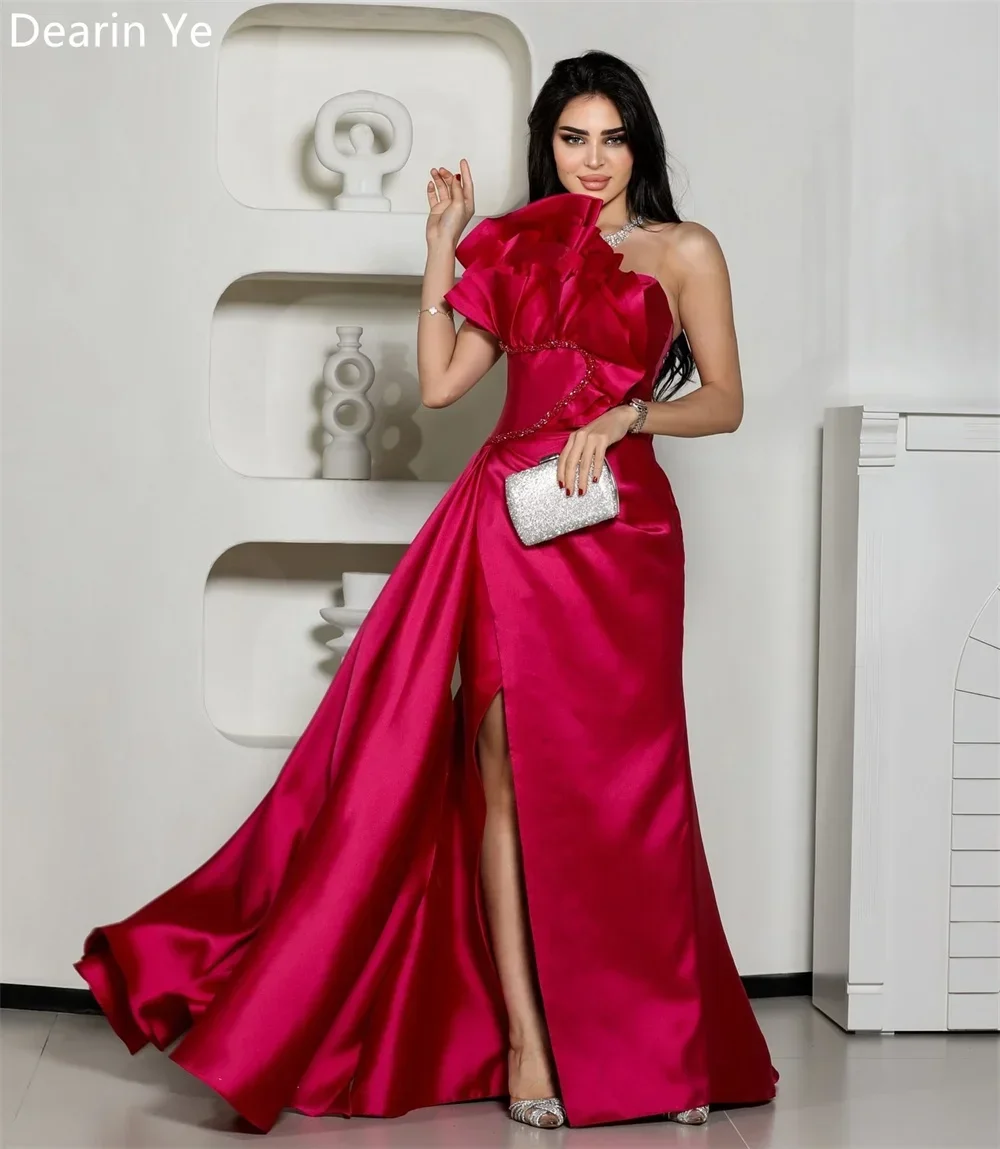 Vestido Formal personalizado de noche Dearin, faldas hasta el suelo con un hombro, pliegues con volantes, espalda abierta, vestidos para ocasiones a medida Saud