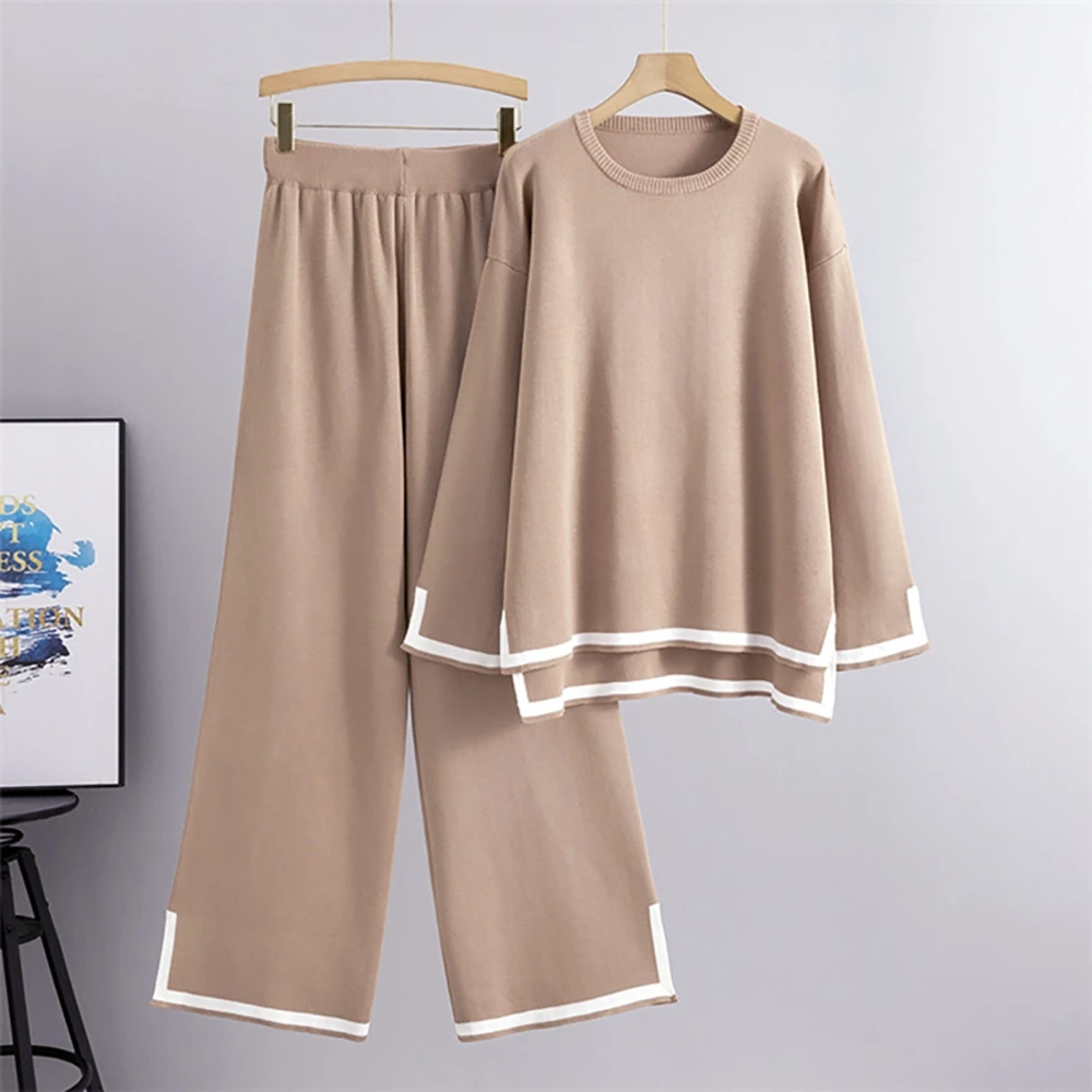 Elegant Sets For Women 2 Pieces O-neck Side Slit Pullover Long Sleeve Sweater Wide Leg Pant Sets Office Lady Autumn OL Pullover