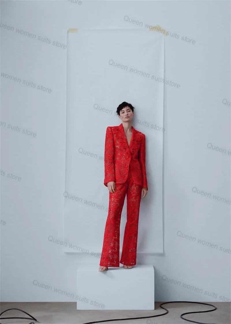 Red Lace Women Suit Pant Set 2 Piece Blazer+Trouser Sexy V Neck Formal Office Lady Coat Customized Wedding Tuxedo Prom Jacket