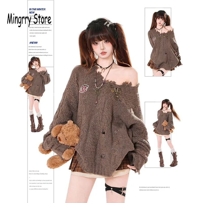 

Korean Fashion Women Knitwear Sweater Long Sleeve Off shoulder Solid Knit Pullover Casual Top Y2k Autumn Winter Women Clothes