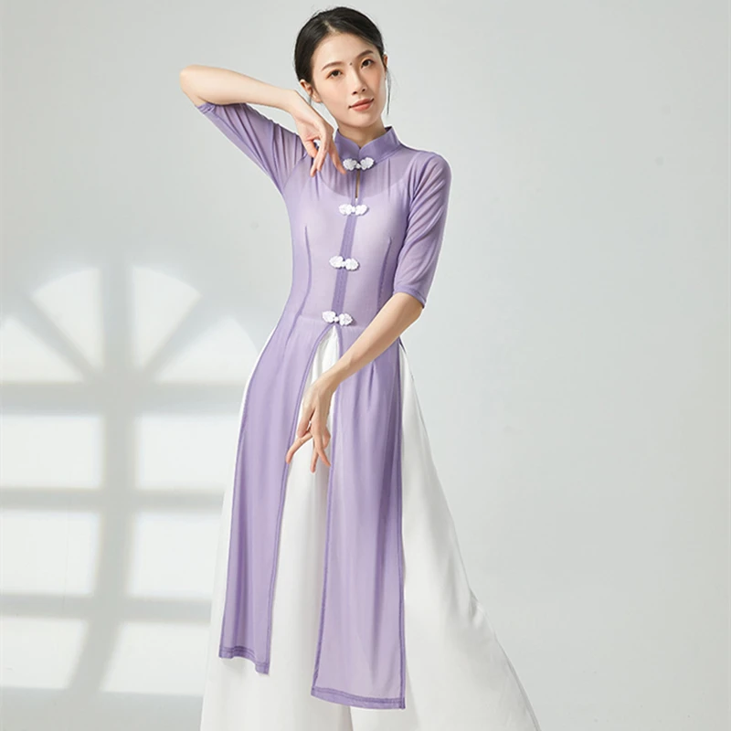 Cheongsam largo de baile clásico para mujer, blusa Hanfu de malla de gasa de manga media, trajes de escenario folclórico chino, trajes de actuación