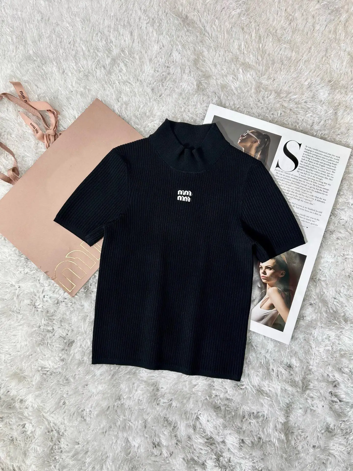 

High Collar ort Sve Knitted Sweater Pure Color Letter Embroidery Non Sto Item New Arrival Women's Faion Spring 2025
